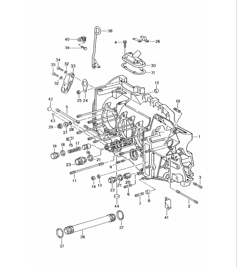Porsche factory catalogue illustration, group 101-05, showing the crankcase assembly