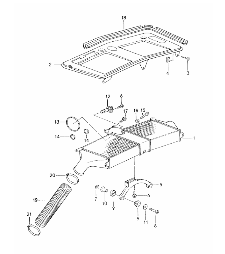 Porsche factory catalogue illustration, group 107-45, showing the charge cooling assembly