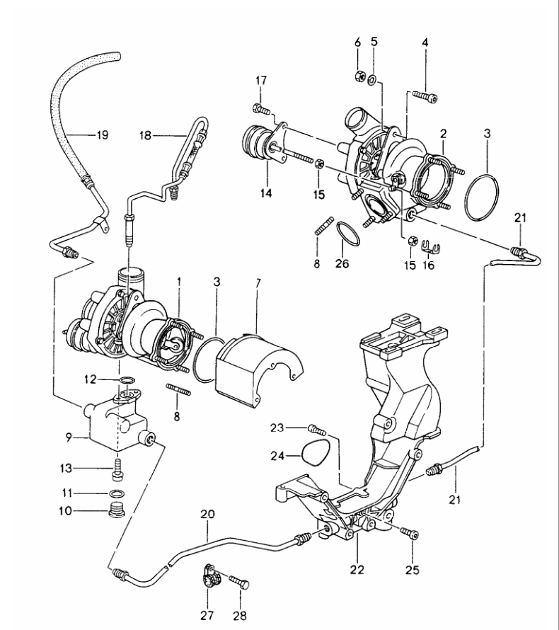 Porsche factory catalogue illustration, group 202-16, showing the turbochargers assembly