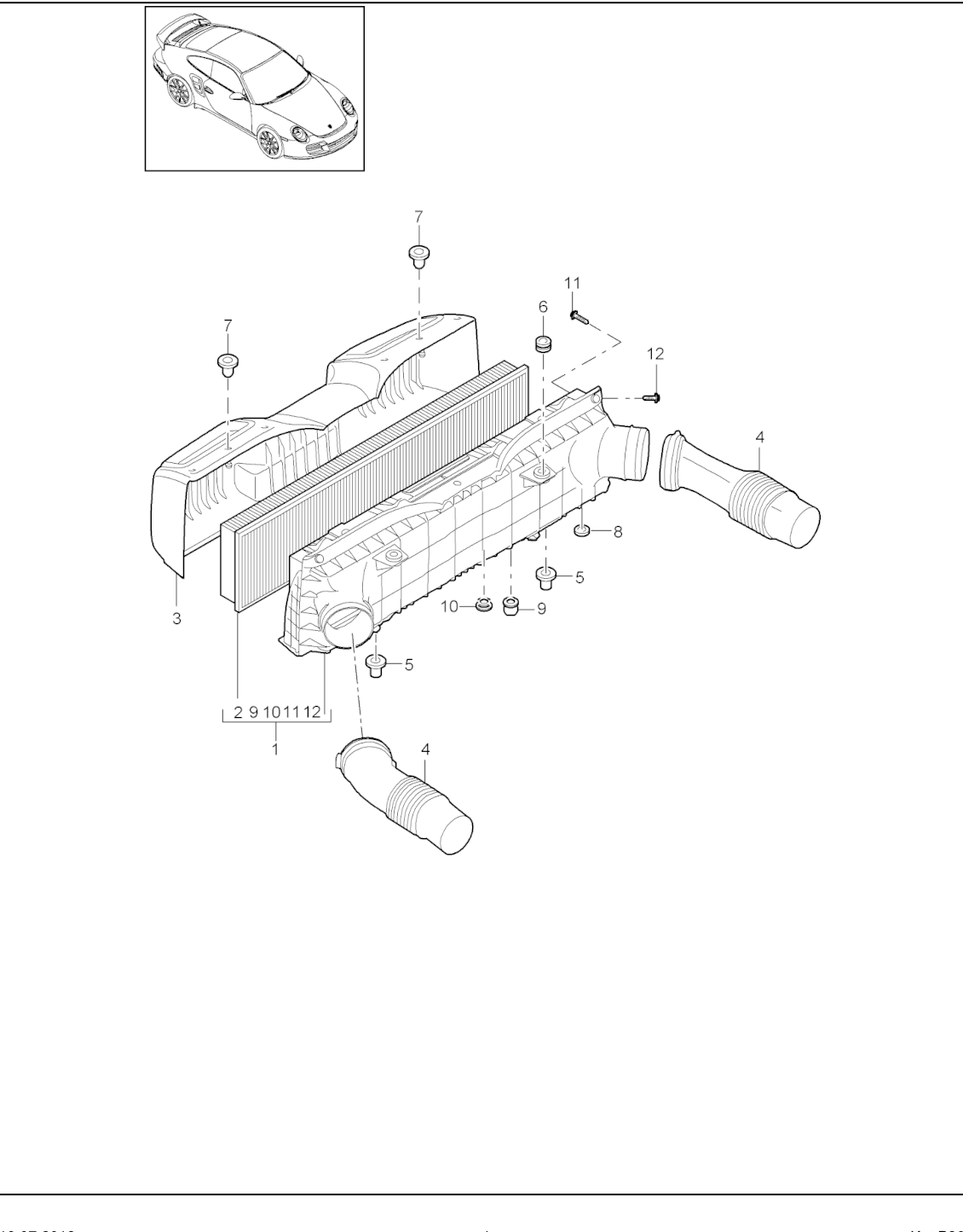 Porsche factory catalogue illustration, group 106-000, showing the air filter assembly