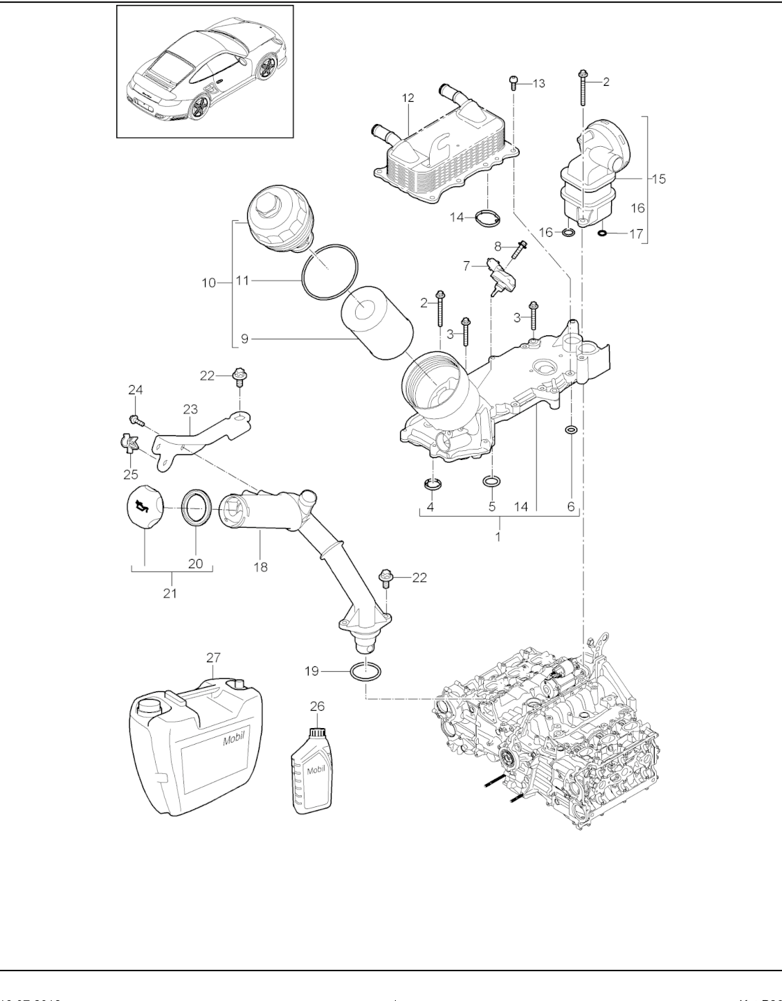 Porsche factory catalogue illustration, group 104-005, showing the lubrication assembly