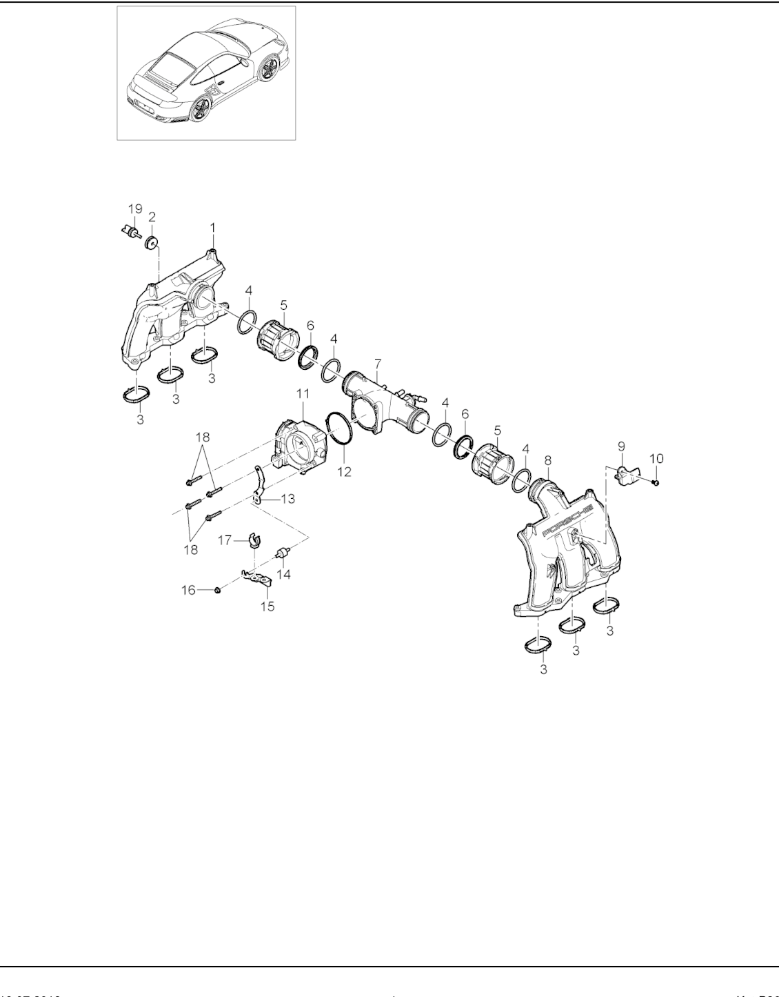Porsche factory catalogue illustration, group 107-010, showing the intake plenum assembly