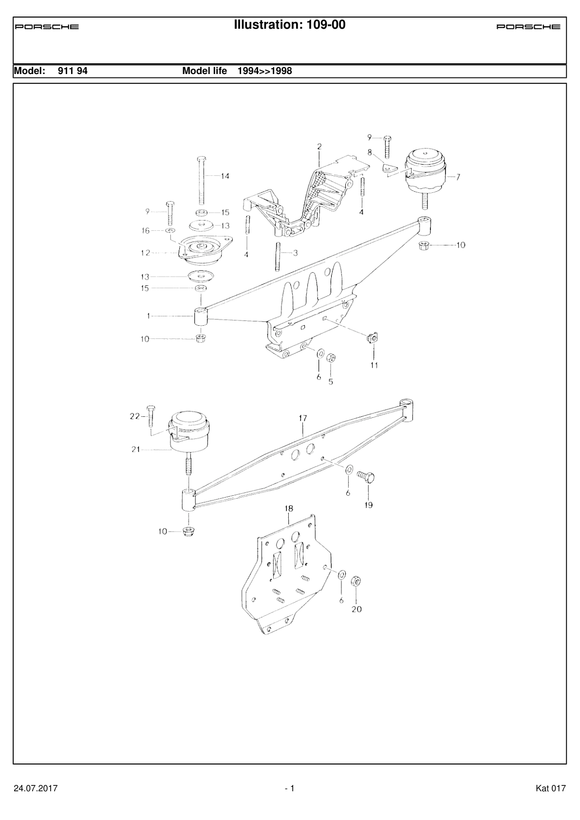 Porsche parts catalogue illustration 109-00, showing Engine carrier at position 17
