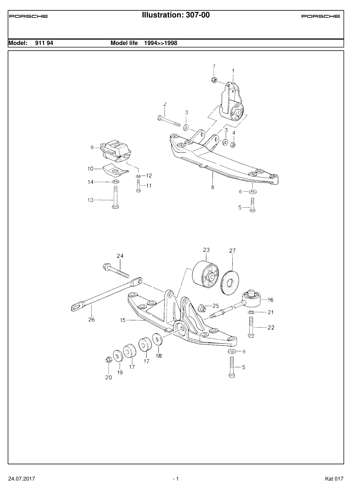 Porsche parts catalogue illustration 307-00, showing Transmission carrier at position 15