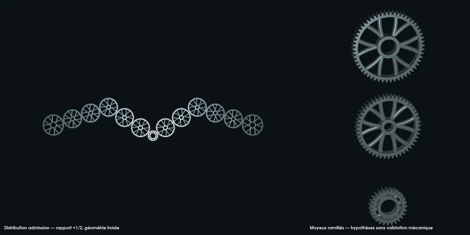 Native triangulated gear-train surfaces showing four cam trains and the branching gear webs.
