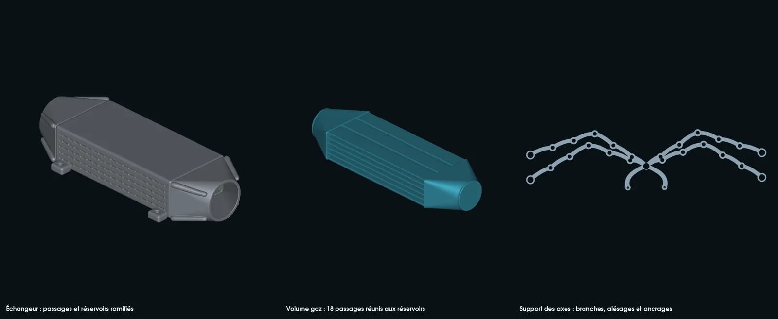 Native intercooler passages and shaped tank, plus the branching shaft support compared with its dense geometric witness.