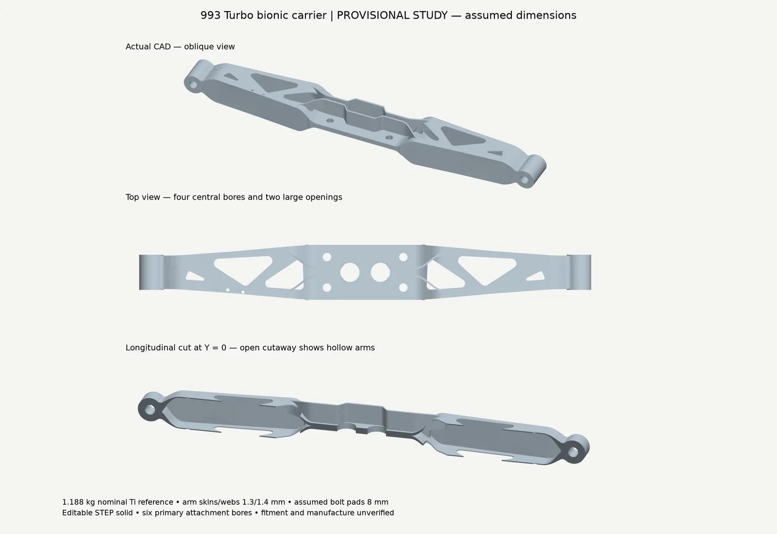 Selected V6f carrier CAD in oblique, top and cutaway views, with four central bores and hollow arms.