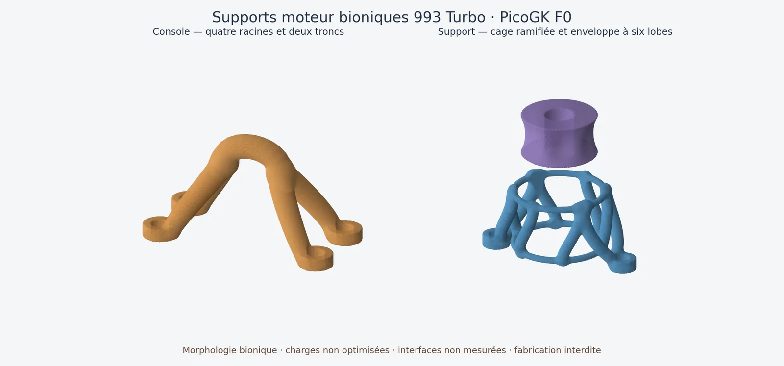 Central branching bracket and one open mount cage with a separate lobed isolator envelope.