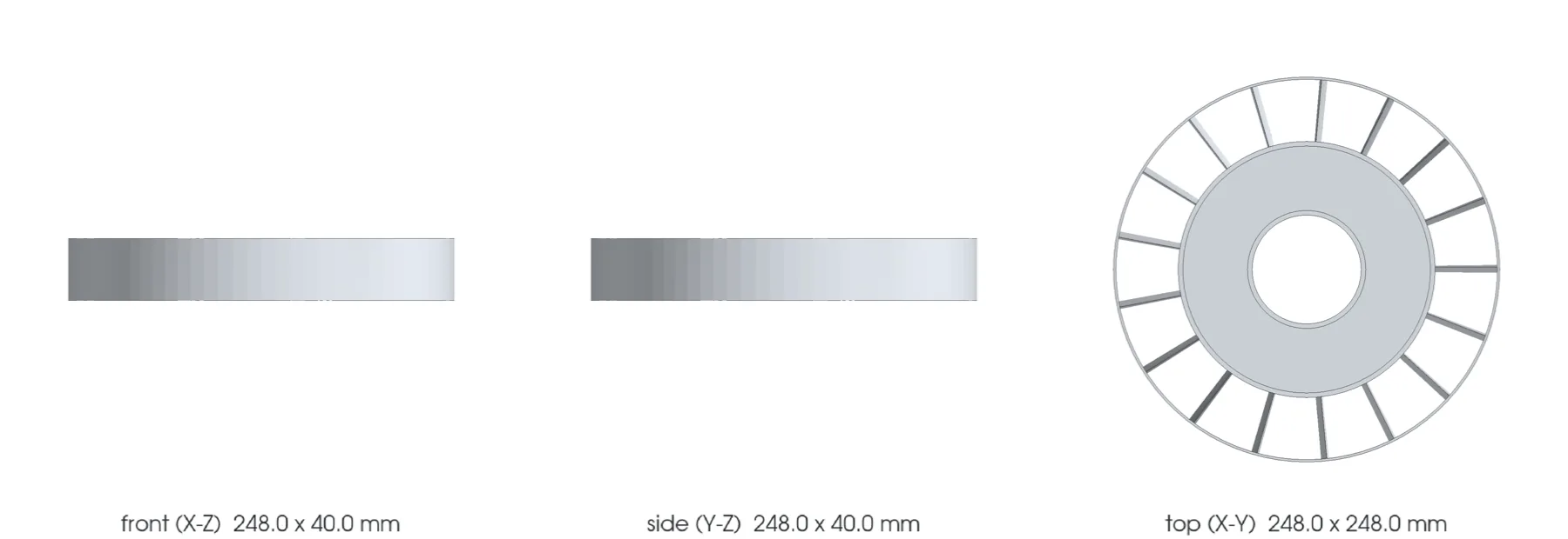 The guide-vane ring in front, side and top views: seventeen thin radial vanes between a central sleeve and an outer ring, 248 mm across and 40 mm deep.