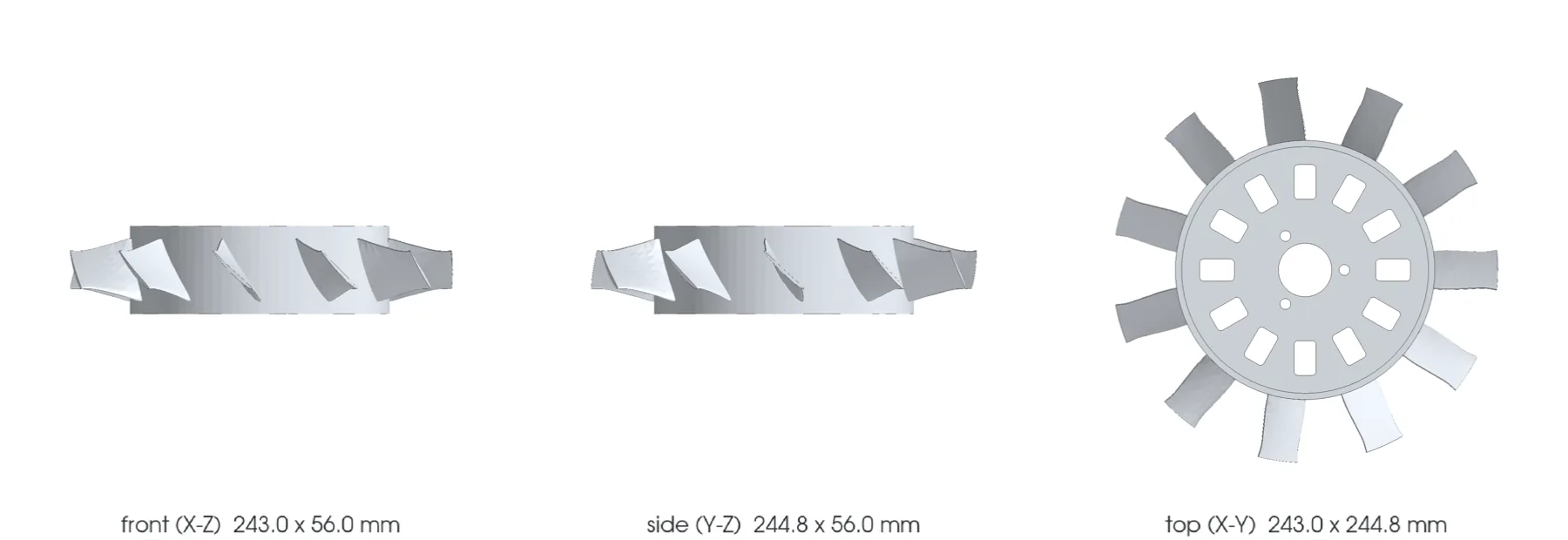 The F1 rotor in front, side and top views: eleven twisted blades around a 56 mm deep cup with twelve rectangular windows, 243 by 245 mm overall.