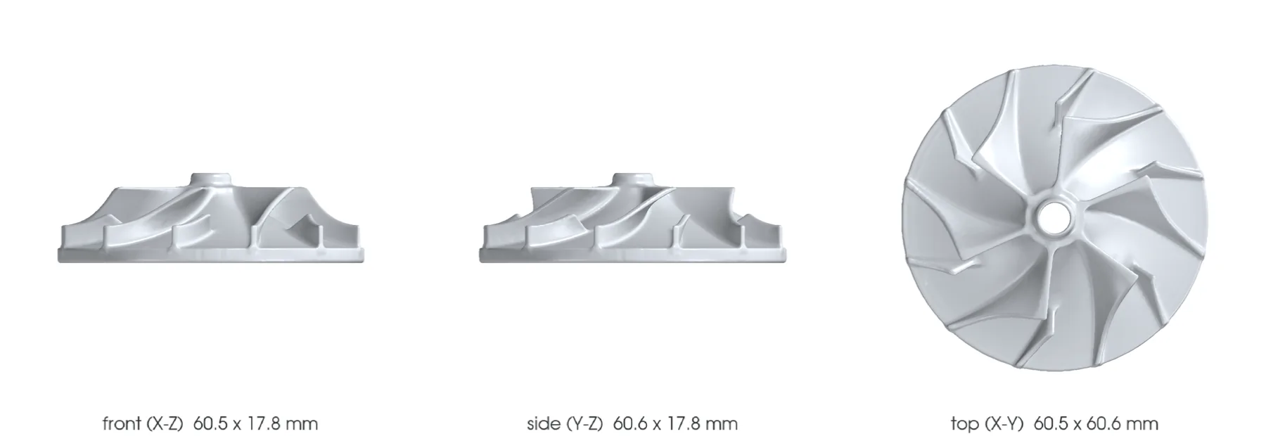Concept CAD orthographic views for 993-eng-k16-compressor-wheel-alsi10mg-f0-0001.