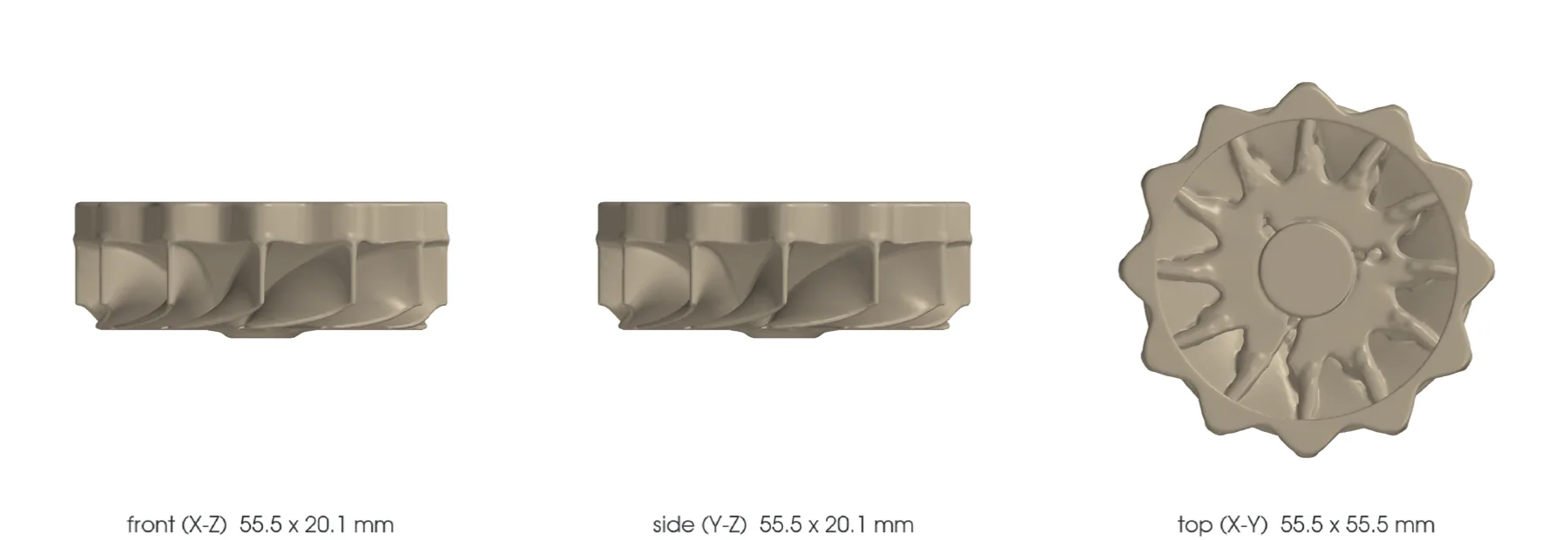 Concept CAD orthographic views for 993-eng-k16-turbine-wheel-in718-f0-0001.