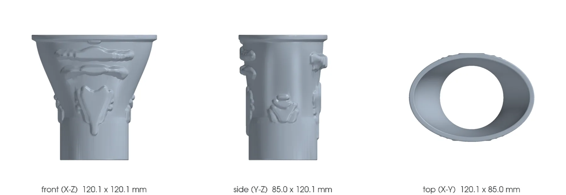 Concept CAD orthographic views for 993-exh-oval-tip-ti-f1-0001.